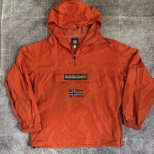 Men's Vintage 90s Napapijri Orange Anorak 1/4 Zip Hooded Windbreaker Jacket Sz M